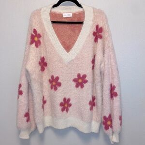Luca + Grae Size Large Flower Power Fuzzy Oversized Cozy V-neck Sweater